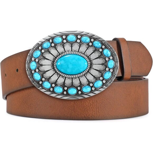 Accessories - Women Western Leather Vintage Country Belt Concho Coffee With Silver Turquoise